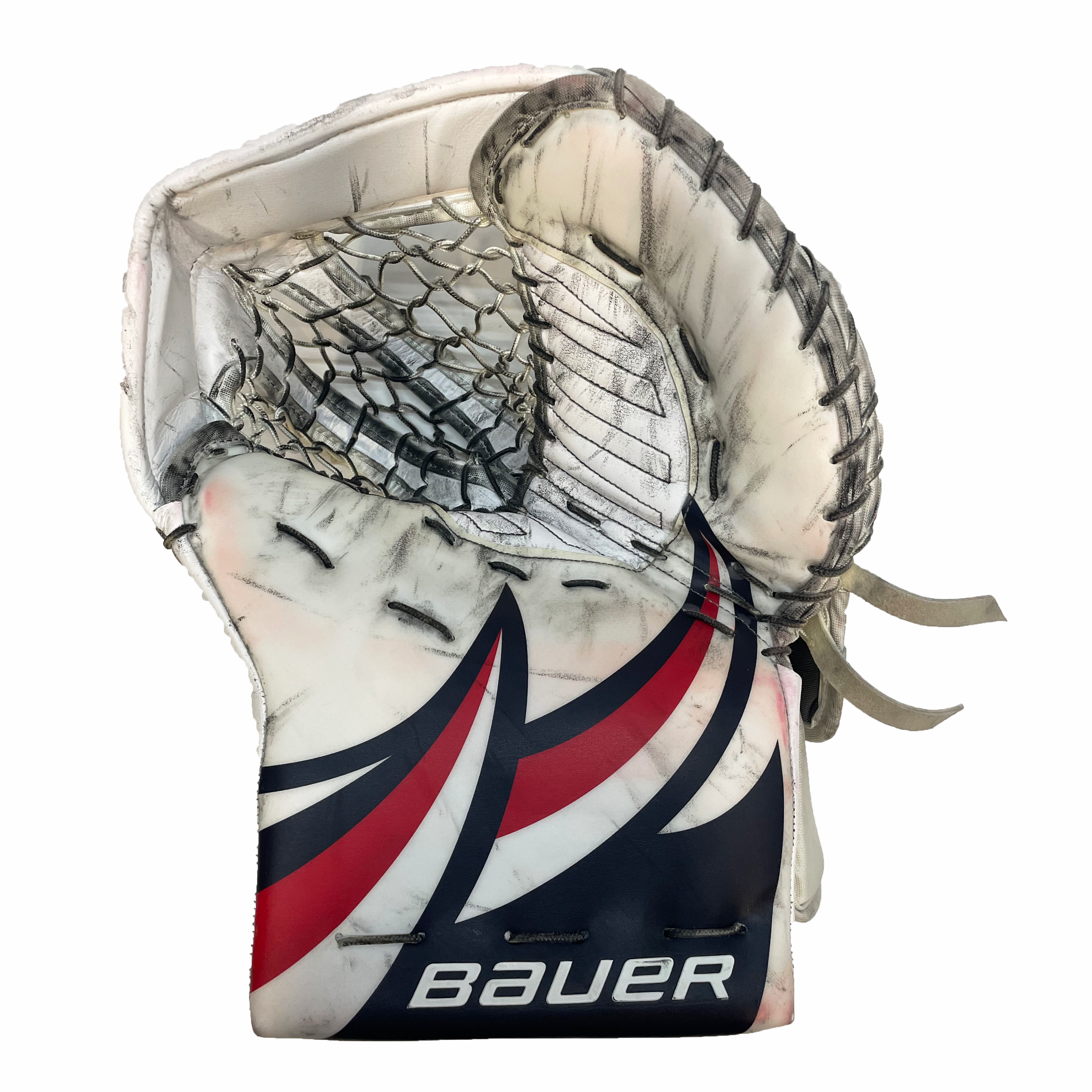 Bauer Supreme Mach - Gant de gardien de but Pro Stock d'occasion (blanc/bleu marine/rouge)